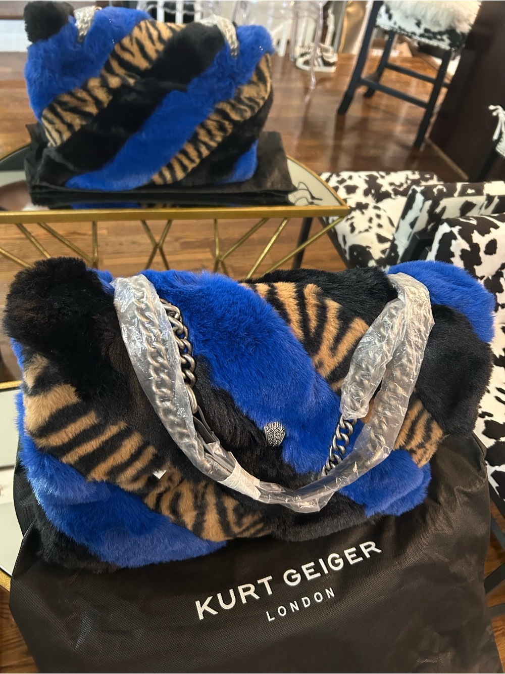 Kurt Geiger Blue and Black Tiger-Print Soho Faux Fur Shoulder Bag